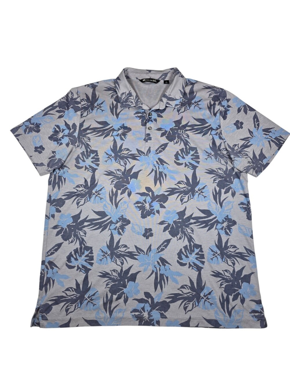 Travis Mathew Take the Bait Gray/Blue Floral Print Pima Golf Polo, Men's Sz XXL
